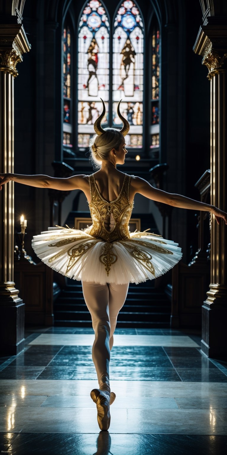 1girl, masterpiece, best quality, highres, ballet dancer,dancing , queen of the albino demons, long intricate horns, Classical tutu in tones of blue and gold, She moves gracefully through the dimly lit corridors of the cathedral,white_aesthetics,photorealistic,Masterpiece,gold_art