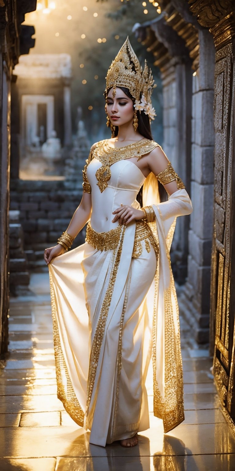  A young woman in a flowing, white apsara costume adorned with intricate gold embroidery and shimmering jewels. She gracefully dances beneath the silver moonlight in an ancient temple courtyard, surrounded by lotus ponds and fragrant incense smoke. (Style: Ethereal, Elegant, Detailed)
,Masterpiece,photorealistic,apsara