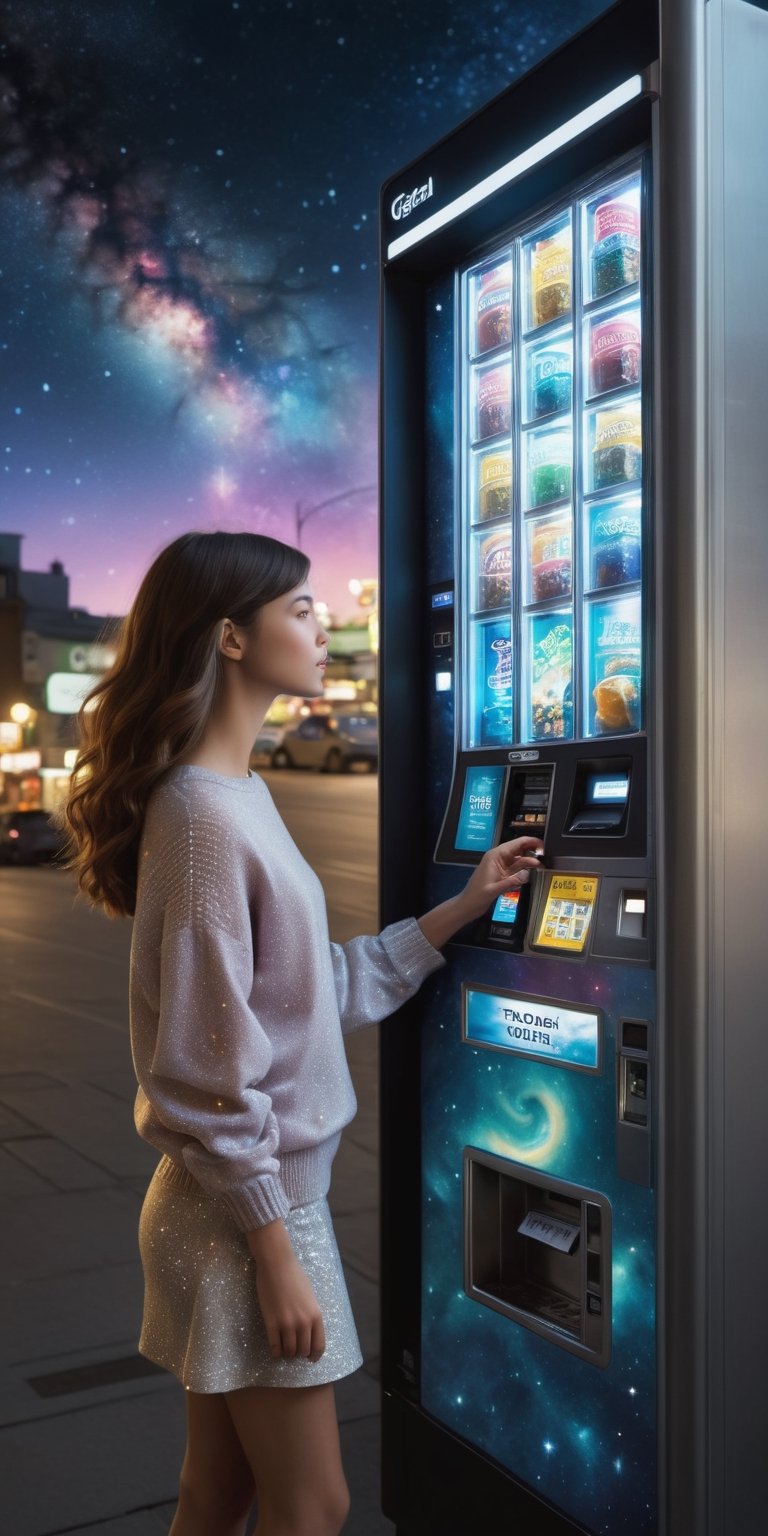 Masterpiece, Best Quality, highres, 1girl,  A lone vending machine gleams like a forgotten portal under a city's silver glow. A girl in a starlit sweater presses a button, anticipation buzzing in the air. The machine whirs, dispensing not candy, but a swirling nebula in a glass bottle, a whisper of the cosmos held in her hands. (Think futuristic vending machine, urban night atmosphere, and a touch of cosmic wonder.)
,photorealistic,Realism,Extremely Realistic,photo r3al