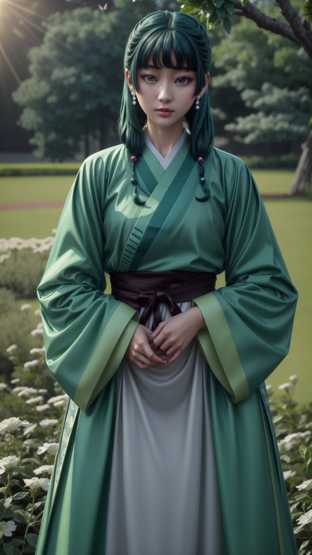 ultra realistic, extremely detailed, maomao,1girl, 16yo, full body, beautiful face, big eyes, cute lips, pale skin, symmetrical hair, (dark green hair), BREAK
,luxurious hanfu with flower-leaves-butterfly patterns, hair ornament, hair flower, emerald earrings, pearl necklace, standing in a fantastic flower field, dreamy vibe, soft focus, high contrast, kodak ultramax 400, cinematic lighting, sleek, sexy pose, Realism,Masterpiece,photorealistic