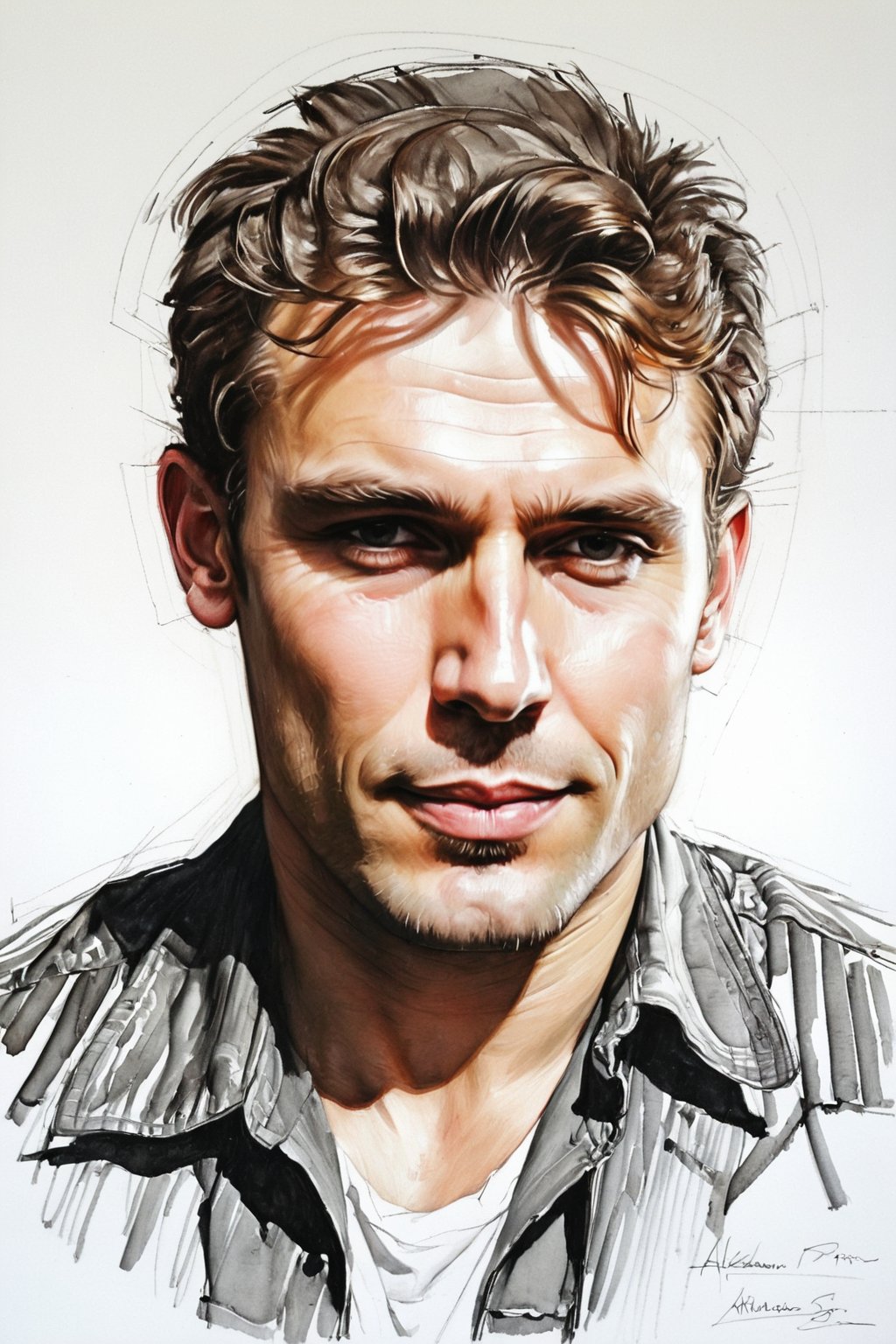 Masterpiece, best quality, dreamwave, aesthetic, 1 man, russian actor Alexandr Petrov, open look (looks into the eyes), charmingly sexy smile, free sheet field, sketch, ruler, pencil, white background, portrait of Nikolai Aleksanov, Nikolai Feshin style, oil painting, charcoal \ (medium \),