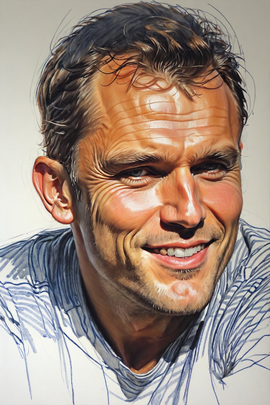 Masterpiece, best quality, dreamwave, aesthetic, 1 man, russian actor Alexandr Petrov, open look (looks into the eyes), charmingly sexy smile, free sheet field, sketch, ruler, pencil, white background, portrait of Nikolai Aleksanov, Nikolai Feshin style, oil painting, charcoal \ (medium \),