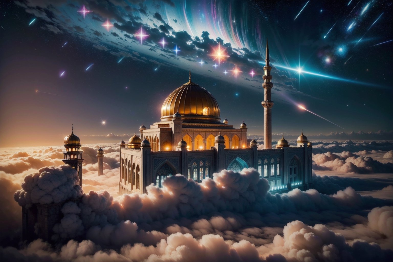 photorealistic photography in high definition, of a mystical fantasy scene, closeup of a Mosque with wing, open wings, flowers and butterflies should be around it, with interstellar space visible in the sky, with golden luminous flashes and shooting stars and Mosque Elevated above the clouds, a mystical and enigmatic scene