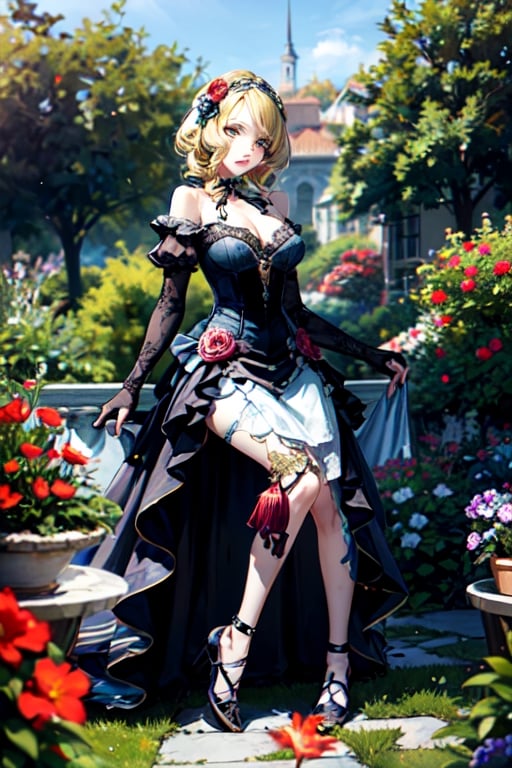 Woman, blond, beautyfull face, dress, lace, full_body, garden, rococo