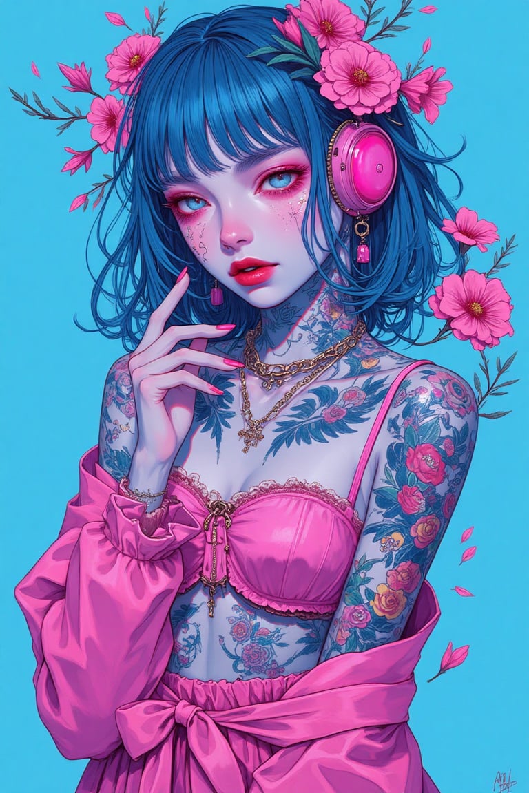 a woman with tattoos and a flower in her hair, wearing a pink outfit and holding a flower in her hand, Artgerm, blue and pink color scheme, cyberpunk art, synchromism, masterpiece, best quality, aesthetic,