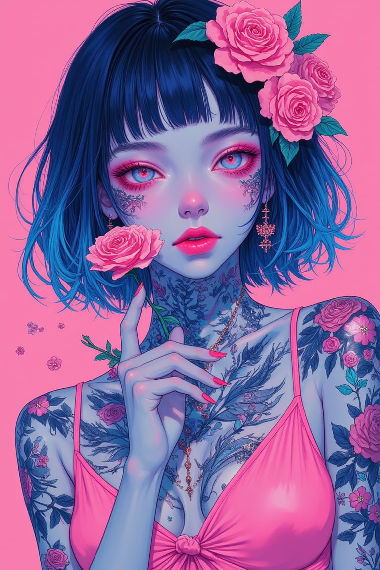 a woman with tattoos and a flower in her hair, wearing a pink outfit and holding a flower in her hand, Artgerm, blue and pink color scheme, cyberpunk art, synchromism, masterpiece, best quality, aesthetic,