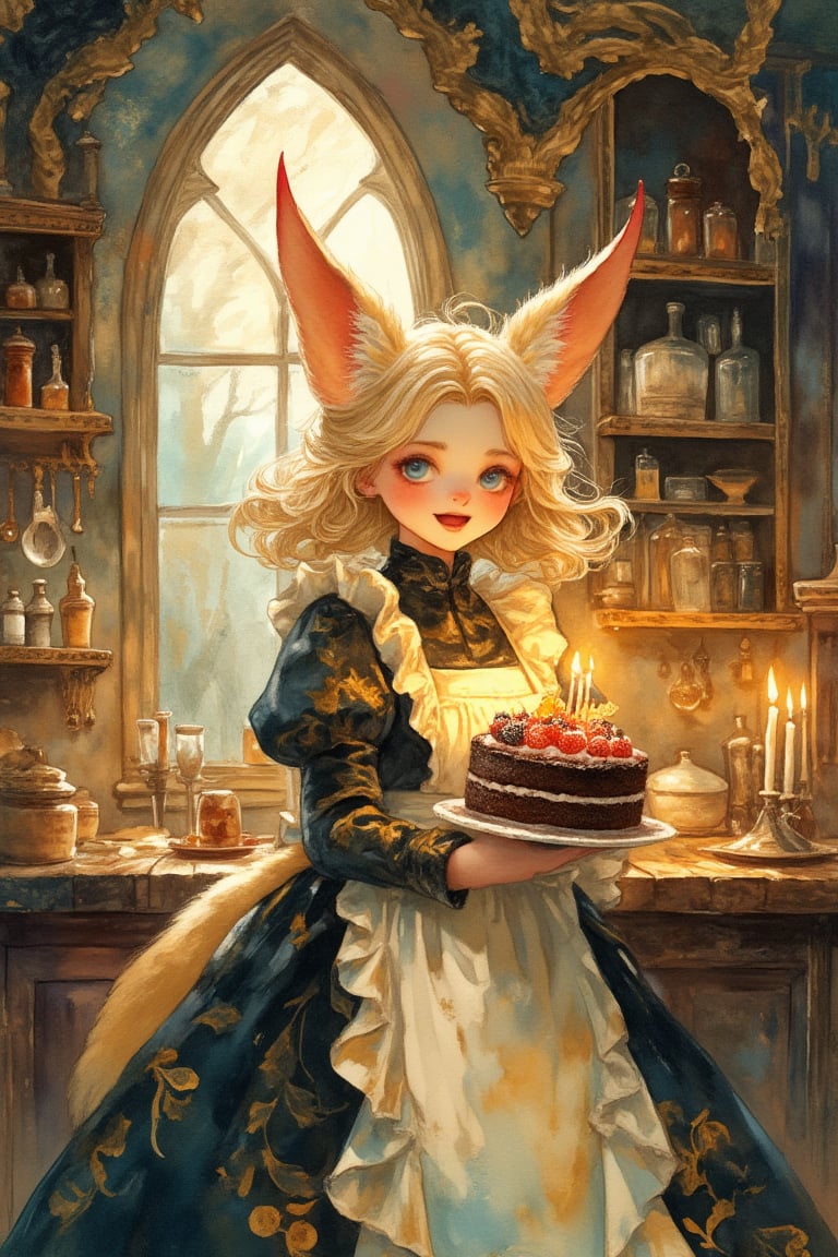 cute anime girl with massive fluffy fennec ears and a big fluffy tail blonde messy long hair blue eyes wearing a maid outfit with a long black gold leaf pattern dress and a white apron mouth open holding a fancy black forest cake with candles on top in the kitchen of an old dark Victorian mansion lit by candlelight with a bright window to the foggy forest and very expensive stuff everywhere,watercolor \(medium\)