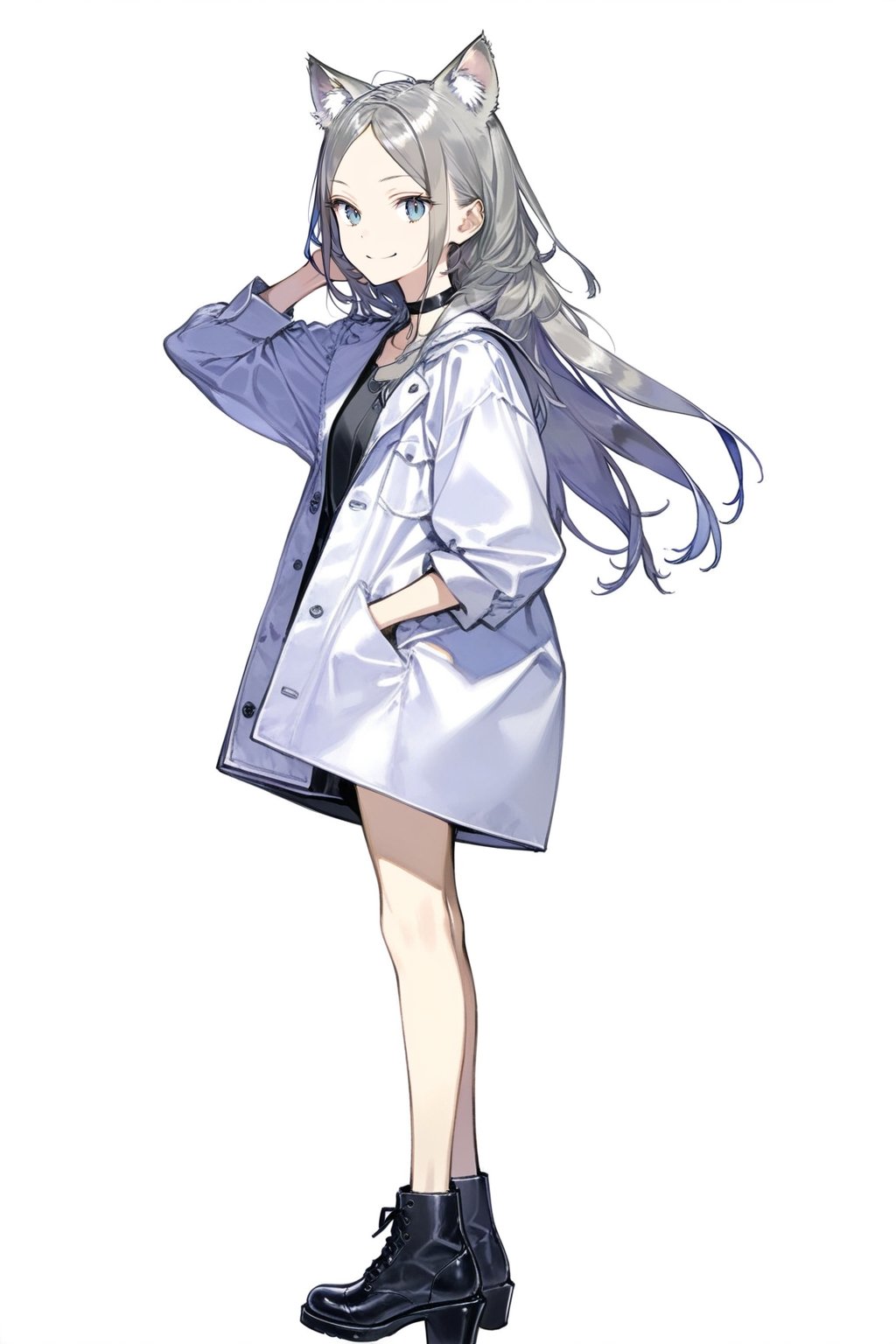 1girl, animal ear fluff, animal ears, black choker, black footwear, blue background, boots, choker, full body, grey hair, jacket, long hair, looking back, open clothes, open jacket, simple background, smile, solo, standing, very long hair, masterpiece, best quality, aesthetic, realistic, 