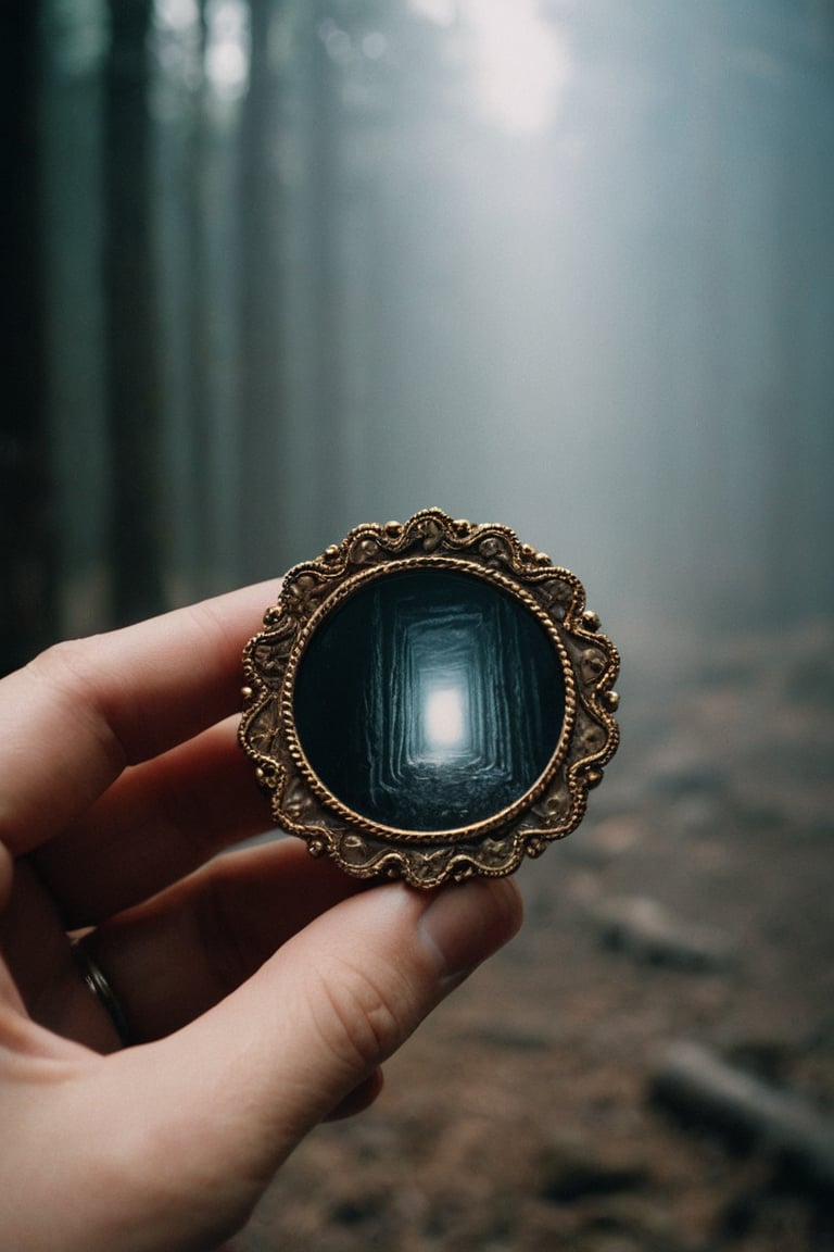 film photography aesthetic, film grain, cinematic, scout, brooch, horror,A person discovers a portal to another dimension filled with horrors, from side, poorly lit,blaze,