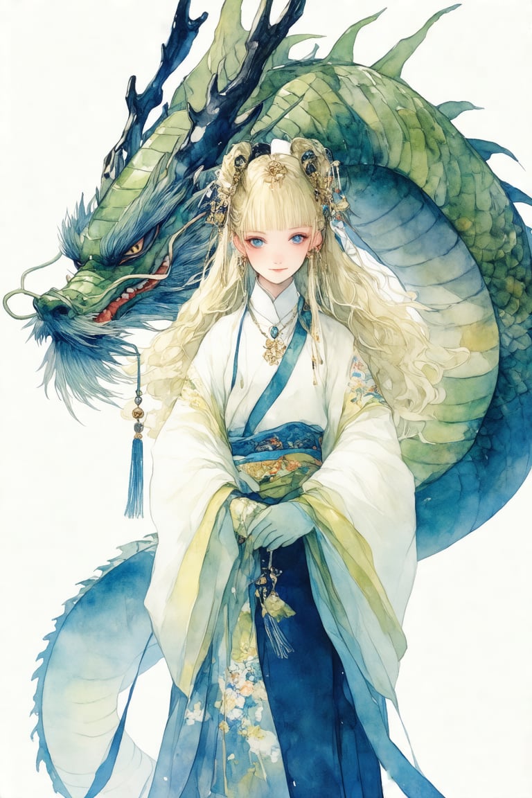 watercolor \(medium\), 1girl, solo, long hair, dragon, looking at viewer, blonde hair, eastern dragon, hair ornament, tassel, blue eyes, long sleeves, chinese clothes, wide sleeves, sash, nail polish, lips, japanese clothes, holding, floating hair, parted lips, bridal gauntlets, jewelry, kimono, white hair, bangs, blue nails, cowboy shot, closed mouth, standing, parted bangs, smile, white background, upper body, gloves, fingernails, wavy hair, obi, floral print, skirt, monochrome, hanfu, turtleneck, grey eyes, blush