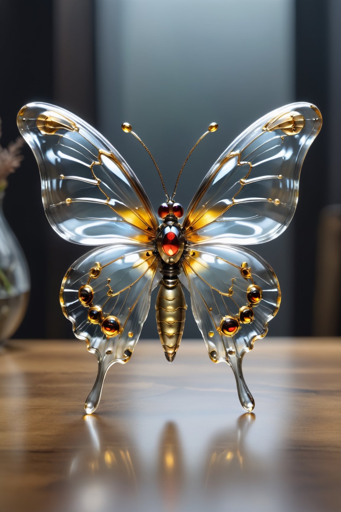 Transparent Cyborg Greyish-Bywing,Glass mechanical cute butterfly about 7 inches long,(bright plumage),the wings have a reddish-golden tint,the area between the wings is lemon,black hairs on the legs,okeh,,Sorayama style,transparent glass skin