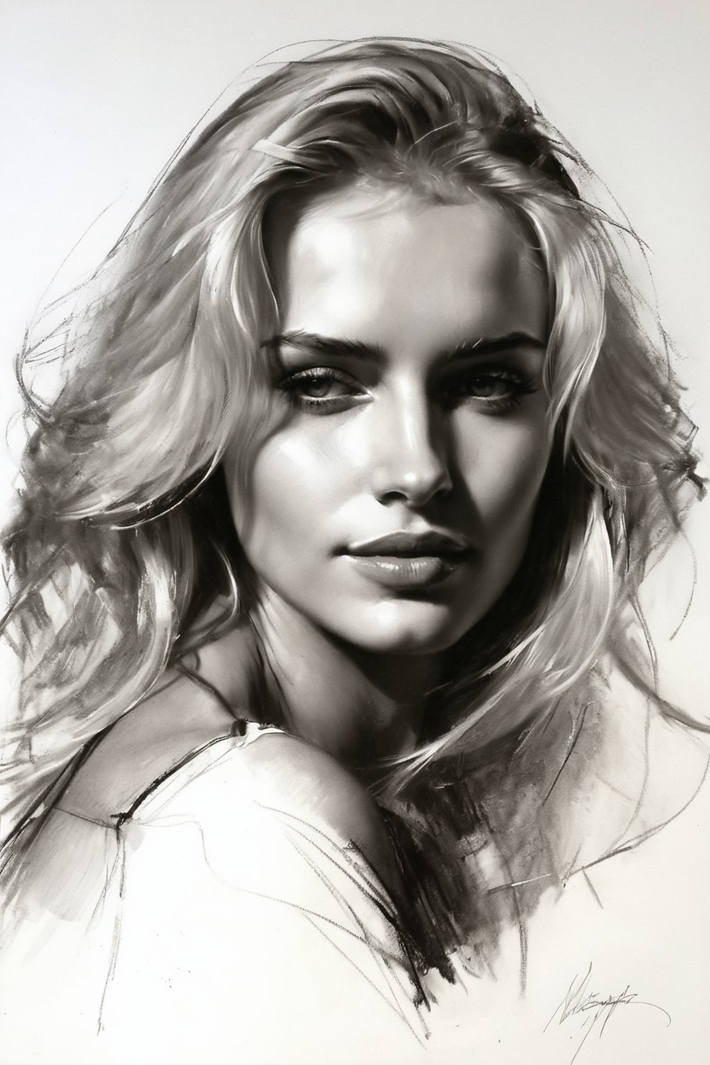 Masterpiece, best quality, dreamwave, aesthetic, 1woman, open look, (looking into the eyes), charming sexy half-smile, blonde hair, sketch, lineart, pencil, white background, portrait by Katerina Shpitsa russian actress, Style by Nikolay Feshin, artistic oil painting stick,charcoal \(medium\),