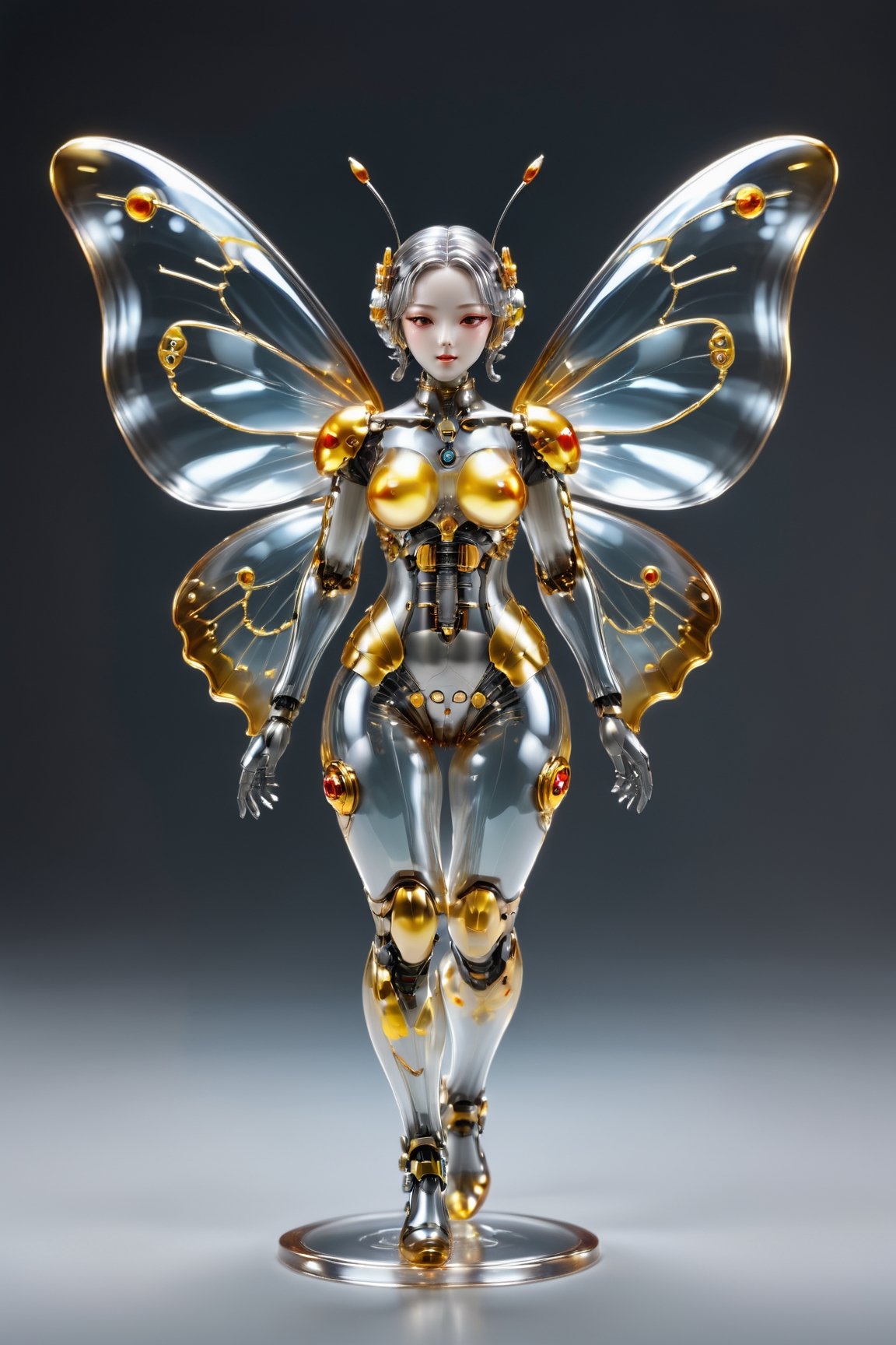 CHERRYBLOSSOM,Transparent Cyborg Greyish-Bywing,Glass mechanical cute butterfly about 7 inches long,(bright plumage),the wings have a reddish-golden tint,the area between the wings is lemon,black hairs on the legs,okeh,,Sorayama style,transparent glass skin