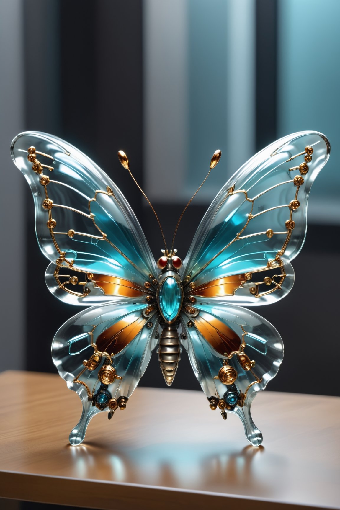 Transparent cyborg grayish turquoise, glass mechanical cute butterfly about 7 inches long crouched on a table, (bright plumage), wings have a reddish golden hue, the area between the wings is bordo colored, black hairs on the legs, oke,,, Sorayama style, transparent glass skin