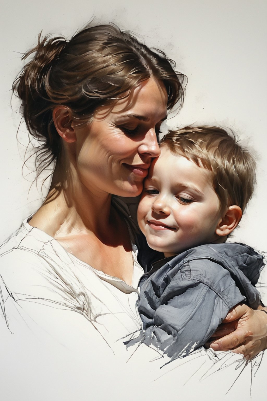 Masterpiece, best quality, dreamwave, aesthetic, portrait: 1 wife, 1 husband 26 years old and 1boy- chield 2 years old, open look, (looking into the eyes), smiling charmingly, short brown hair, sketch, lineart, pencil, white background, portrait by Alexanov, Style by Nikolay Feshin, artistic oil painting stick,charcoal \(medium\),