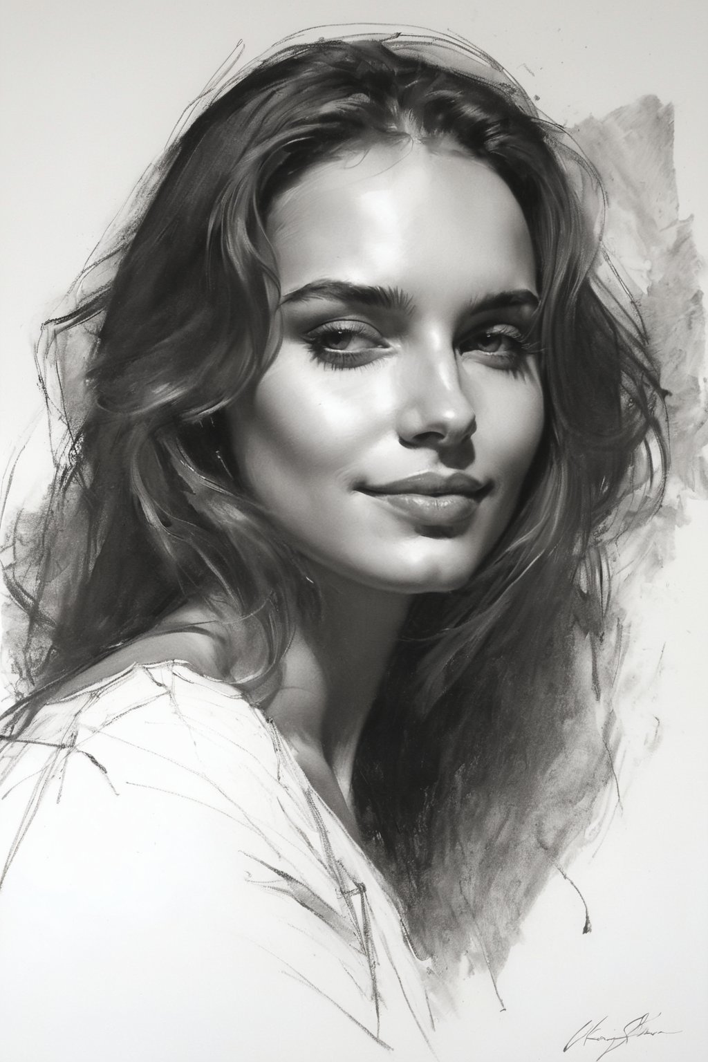 Masterpiece, best quality, dreamwave, aesthetic, 1woman, open look, (looking into the eyes), smiling charmingly sexy, sketch, lineart, pencil, white background, portrait by Katerina Shpitsa russian actress, Style by Nikolay Feshin, artistic oil painting stick,charcoal \(medium\),