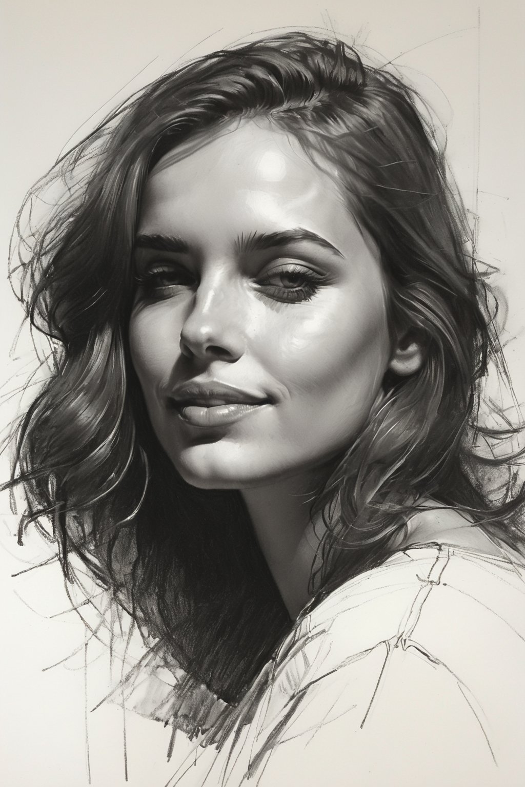 Masterpiece, best quality, dreamwave, aesthetic, 1woman, open look, (looking into the eyes), smiling charmingly sexy, sketch, lineart, pencil, white background, portrait by Alizee, Style by Nikolay Feshin, artistic oil painting stick,charcoal \(medium\),