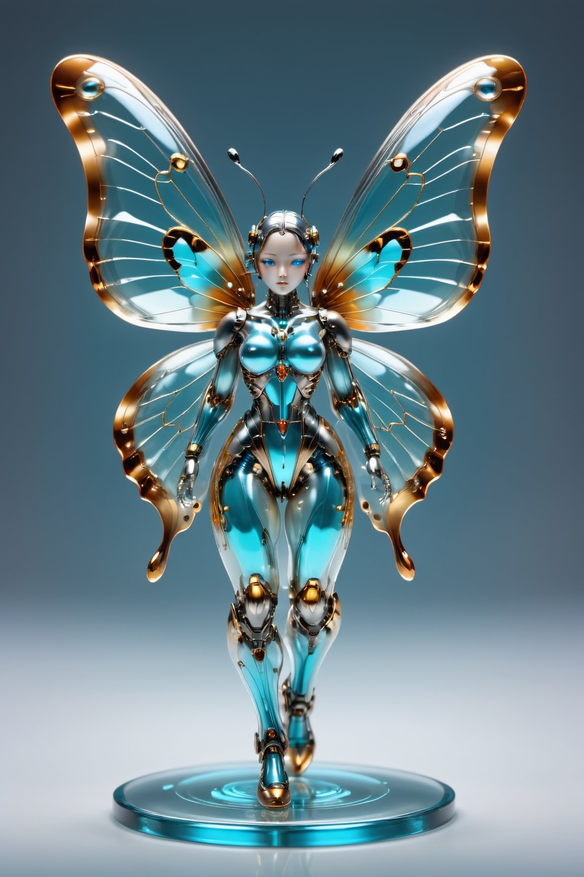 Transparent cyborg grayish turquoise, glass mechanical cute butterfly about 7 inches long crouched on a table, (bright plumage), wings have a reddish golden hue, the area between the wings is blues colored, black hairs on the legs, oke,,, Sorayama style, transparent glass skin