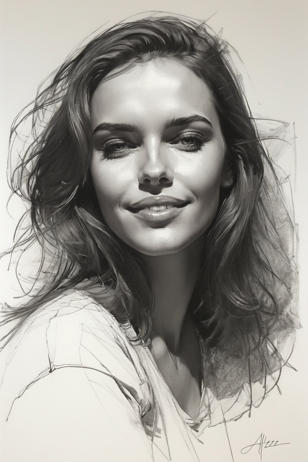 Masterpiece, best quality, dreamwave, aesthetic, 1woman, open look, (looking into the eyes), smiling charmingly sexy, sketch, lineart, pencil, white background, portrait by Alizee, Style by Nikolay Feshin, artistic oil painting stick,charcoal \(medium\),