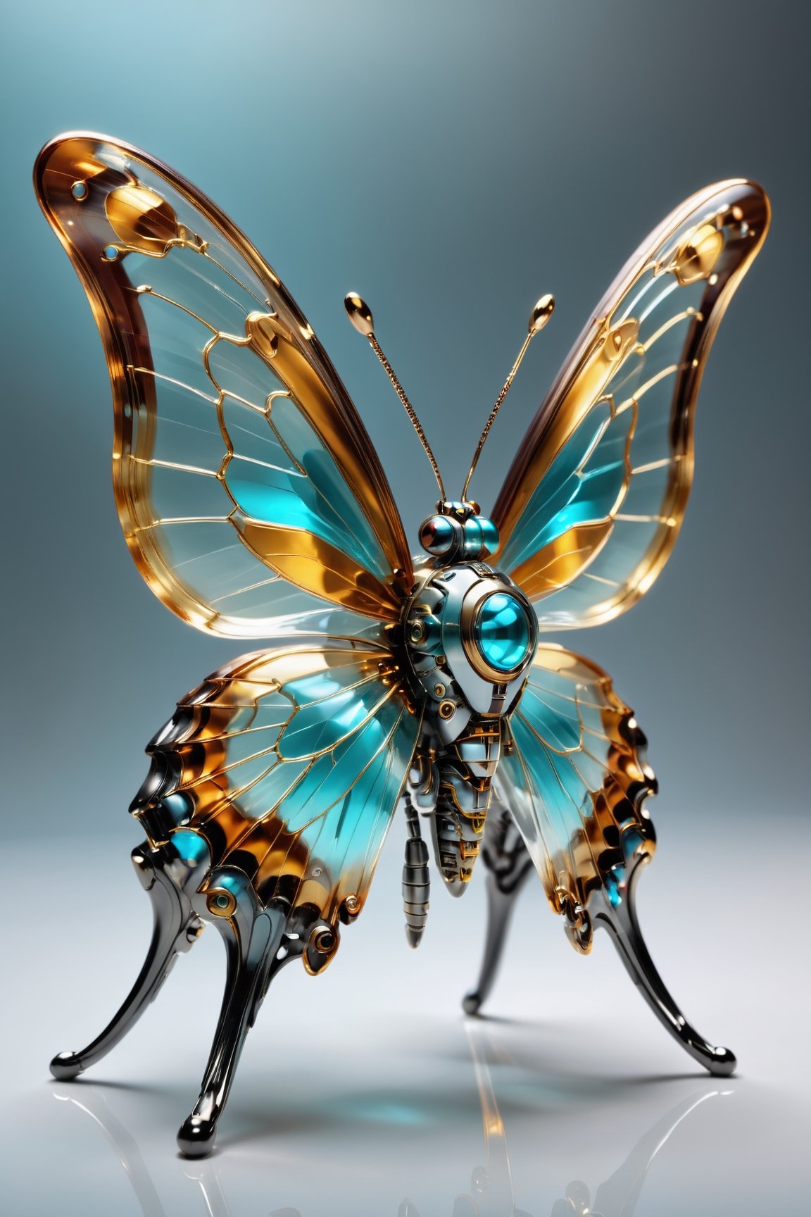 Transparent cyborg grayish turquoise, glass mechanical cute butterfly about 7 inches long crouched on a table, (bright plumage), wings have a reddish golden hue, the area between the wings is bordo colored, black hairs on the legs, oke,,, Sorayama style, transparent glass skin