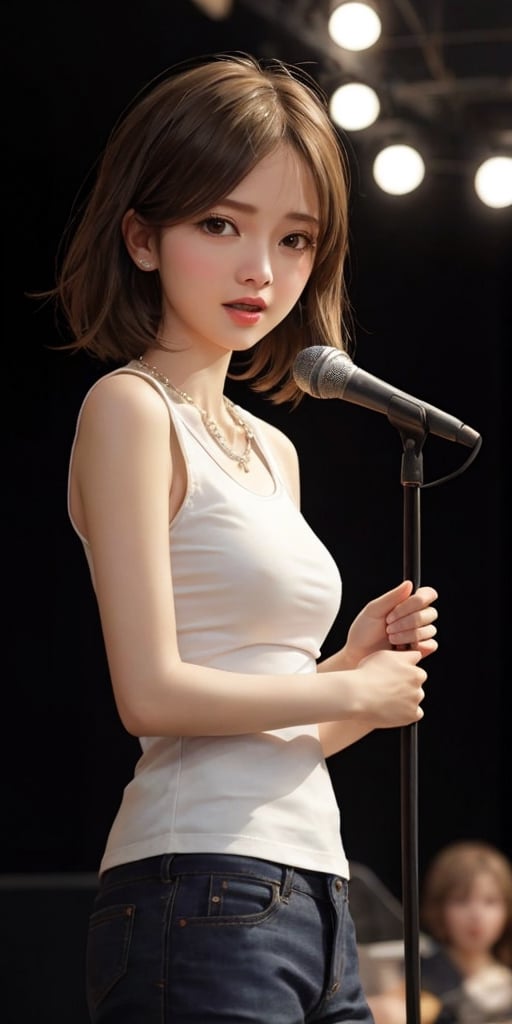 1 very beautiful woman is singing with the mouth open, playing the guitar, microphone with a stand, wearing white tank top, short pants, detailed double eyelids, long eyelashes, (beautiful detailed face and eyes:1.4), medium-length messy hair, light-brown hair, (Best Quality:1.2), Raw photo, High resolution, professional photography, professional lighting, medium-sized breasts, earrings, necklace, standing on the stage, spotlight, asian girl,colorful_girl_v2,mai