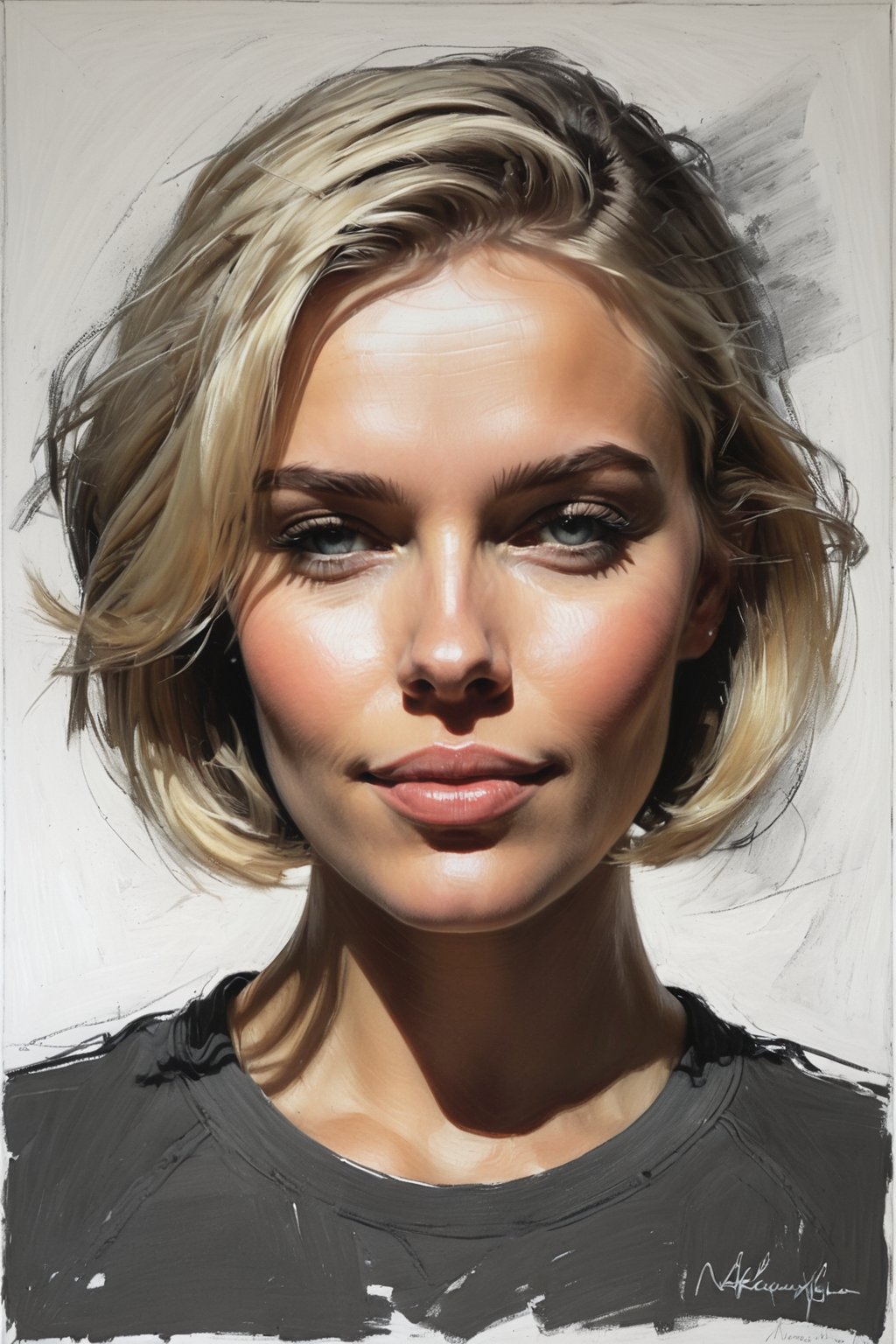 Masterpiece, best quality, dreamwave, aesthetic, 1girl, open look, (looking into the eyes), smiling charmingly sexy, short blonde hair, bob hairstyle, t-shirt, sketch, lineart, pencil, white background, portrait by Nikolay Alexanov, Style by Nikolay Feshin, artistic oil painting stick,charcoal \(medium\), euphoric style, oil painting,vapor_graphic, intricate detail, aesthetic portrait, comic book,artistic oil painting stick,charcoal \(medium\),ebonygold,masterpiece,xxmixgirl