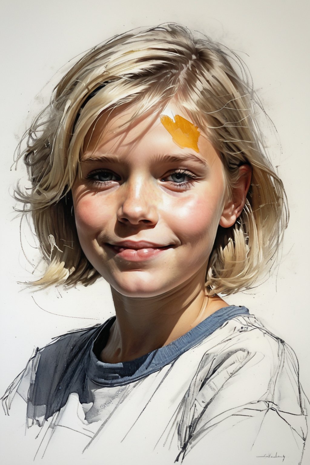 Masterpiece, best quality, dreamwave, aesthetic, 1girl- chield 9 years old, open look, (looking into the eyes), smiling charmingly sexy, short blonde hair, bob hairstyle, t-shirt, sketch, lineart, pencil, white background, portrait by Nikolay Alexanov, Style by Nikolay Feshin, artistic oil painting stick,charcoal \(medium\), 