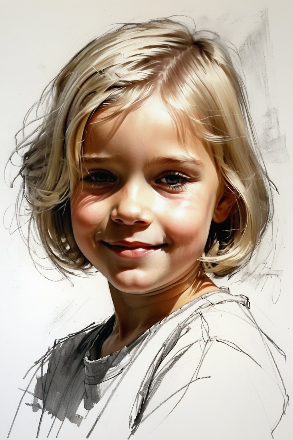 Masterpiece, best quality, dreamwave, aesthetic, 1girl- chield 5 years old, open look, (looking into the eyes), smiling charmingly, short blonde hair, bob hairstyle, sketch, lineart, pencil, white background, portrait by Nikolay Alexanov, Style by Nikolay Feshin, artistic oil painting stick,charcoal \(medium\), 