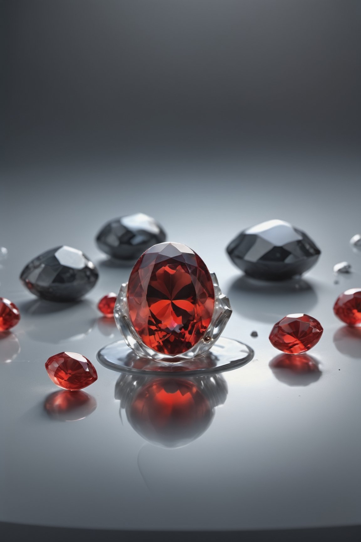 surrounded by musical accessories, grey background, gradient, gradient background, gradient background, no people, 8K, depth of field, ultra-detailed, black background, gemstone, crystal, red gemstone, still life, reflective puddle, bright sunny day, realistic, highly detailed, 8k, cinematic lighting, octane render
