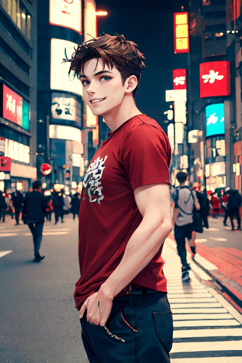 Masterpiece, Best Quality, 1boy, brown hair, red t-shirt, smile, undercut, manly, cyberpunk style, middle of the street, night, Shibuya, scenery, cowboy shot, looking at viewer, intricately detailed.,yukihira_souma,(MkmCut)