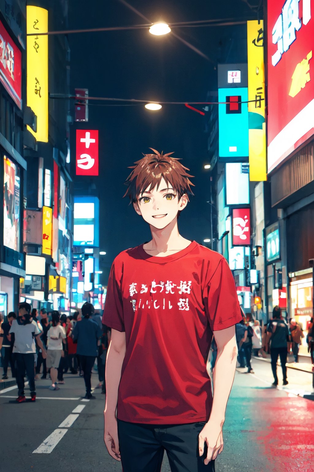 Masterpiece, Best Quality, 1boy, brown hair, red t-shirt, smile, undercut, manly, cyberpunk style, middle of the street, night, Shibuya, scenery, cowboy shot, looking at viewer, intricately detailed.,yukihira_souma,(MkmCut)