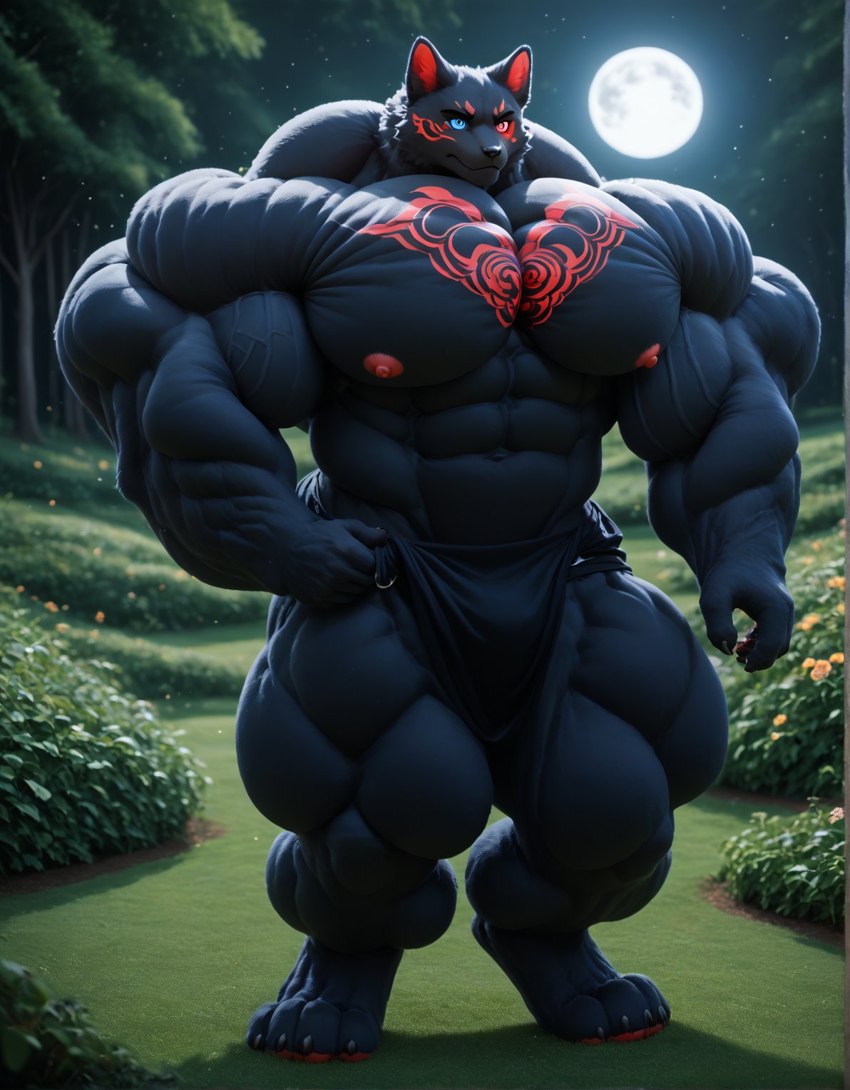 score_9, score_8_up, score_7_up, score_6_up, score_5_up, score_4_up, hyper growth, hyper Muscular, fursuit muscles, male alpha wolf in garden, black skin, red tattoo, waning moon tattoo on chest, ((heterochromia, blue left eye, red right eye)) dreamy background, kindness, ((serious, frightening expression)), unlimited light, magnificent sunset background, octane render, beautiful features, beautifully detailed eyes, intricate skin, detailed face, perfect skin texture, extreme details, full body vision,  cinematic lighting, professional lighting, centered, looking at the camera, 8k, shooting with Hasselblad X1D-50, maximum focus, depth of field, perfect lighting, light particles, (best quality), (masterpiece), (ultra detailed), sharp focus, light particles, standing, black shorts, standing, detailed legs, detailed paws. 