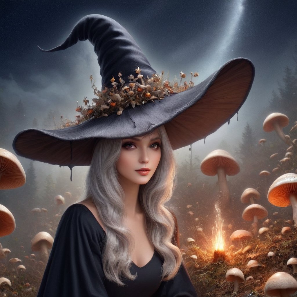 A beautiful witch stagazing on a hill at night, black hair, dreamy epic starry sky, Wearing a inkycapwitchyhat made from a single coprinus comatus mushroom cap, textured, painting,Decora_SWstyle,photo_b00ster