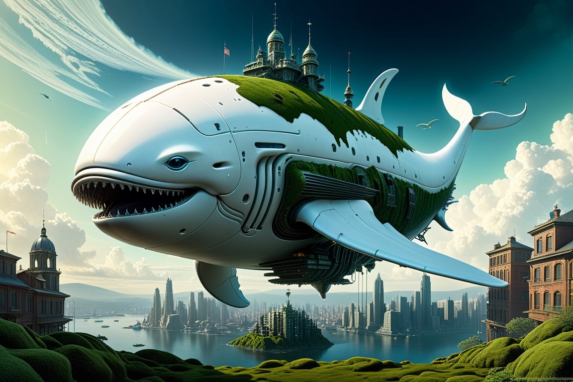 cute giant white robot whale with moss growing on it, floating cloud clear sky, building,futuristic  city view, amazing, glowing, fantasy, something that even doesn't exist, mythical being, sf, intricate artwork masterpiece, ominous, matte painting movie poster, golden ratio, trending on cgsociety, intricate, epic, trending on artstation, by artgerm, h. r. giger and beksinski, highly detailed, vibrant, production cinematic character render, ultra high quality model