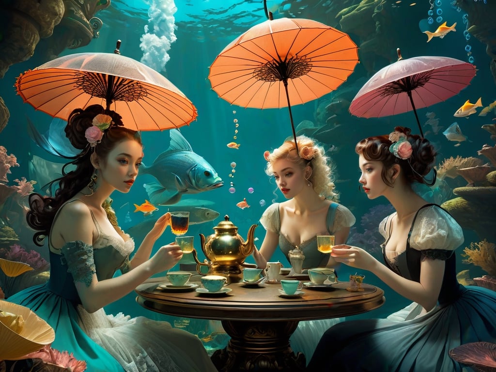 "Whimsical Tea party underwater while holding lacy parasols, group scene, art by Gil elvgren & James jean & bill sienkiewicz, Rembrandt, imaginative, dreamcore, high contrast, sharp focus, depth of field, detailed background, surreal fish, epic fantasy concept art, bubbles, luminous, hdr" ||
"detailed matte painting, deep color, fantastical, intricate detail, splash screen, complementary colors, fantasy concept art, 8k resolution trending on Artstation Unreal Engine 5"