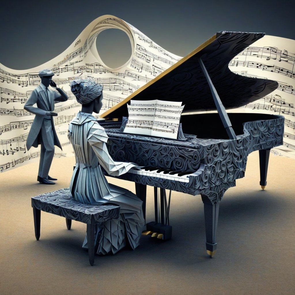 A origami piano player made from folded sheetmusic, enchanting ambiance, HDR, beautifully shot, hyperrealistic, sharp focus, 64 megapixels, perfect composition, high contrast, cinematic, atmospheric, moody, abstract vector fractal, wave function, Zentangle, 3d shading