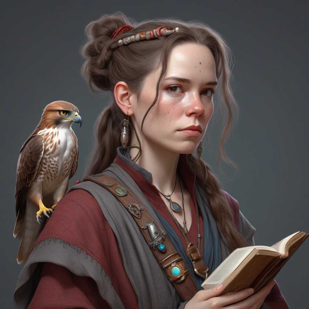 A fantasy character concept portrait of a human wizard woman with pale complexion, subtle freckles, mousy brown messy long hair pulled back in a low messy bun, ((face reminiscent of natalie_merchant)), clever grey eyes, skeptical annoyed condescending expression, worn and layered traveling wizard clothing adorned with various magical trinkets, a spellbook and potion vials attached to her belt, and a magical red-tailed hawk perched on her shoulder. The background is detailed, with a captivating composition and color, blending fantasy and realism 