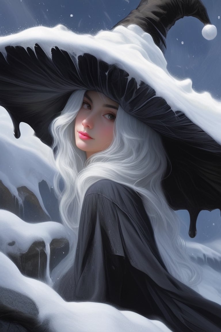 ((Ultra-detailed)) portrait of a beautiful wintermelancholia witch walking through the snow, leaving footprints in the snow, wispy skirt hem dragging through the snow, wearing a \(inkycapwitchyhat\) with white drips on the brim, detailed exquisite face,hourglass figure,model body,playful smirks,(dreamy opalescent snow shimmer, snow particles)
BREAK
(backdrop: a dreamy winter wonderland, castle ruins covered in snow, distant building with lights in the windows)
BREAK
Ultra-Detailed,(sharp focus,high contrast:1.2),8K,trending on artstation,cinematic lighting, abigail larson and magali villeneuve, by Karol Bak,Alessandro Pautasso and alberto seveso, Hayao Miyazaki, todd lockwood, sabbas apterus and yoshitska amano, rob gonsalves winter art, inkycapwitchyhat,photo_b00ster,real_booster,w1nter res0rt