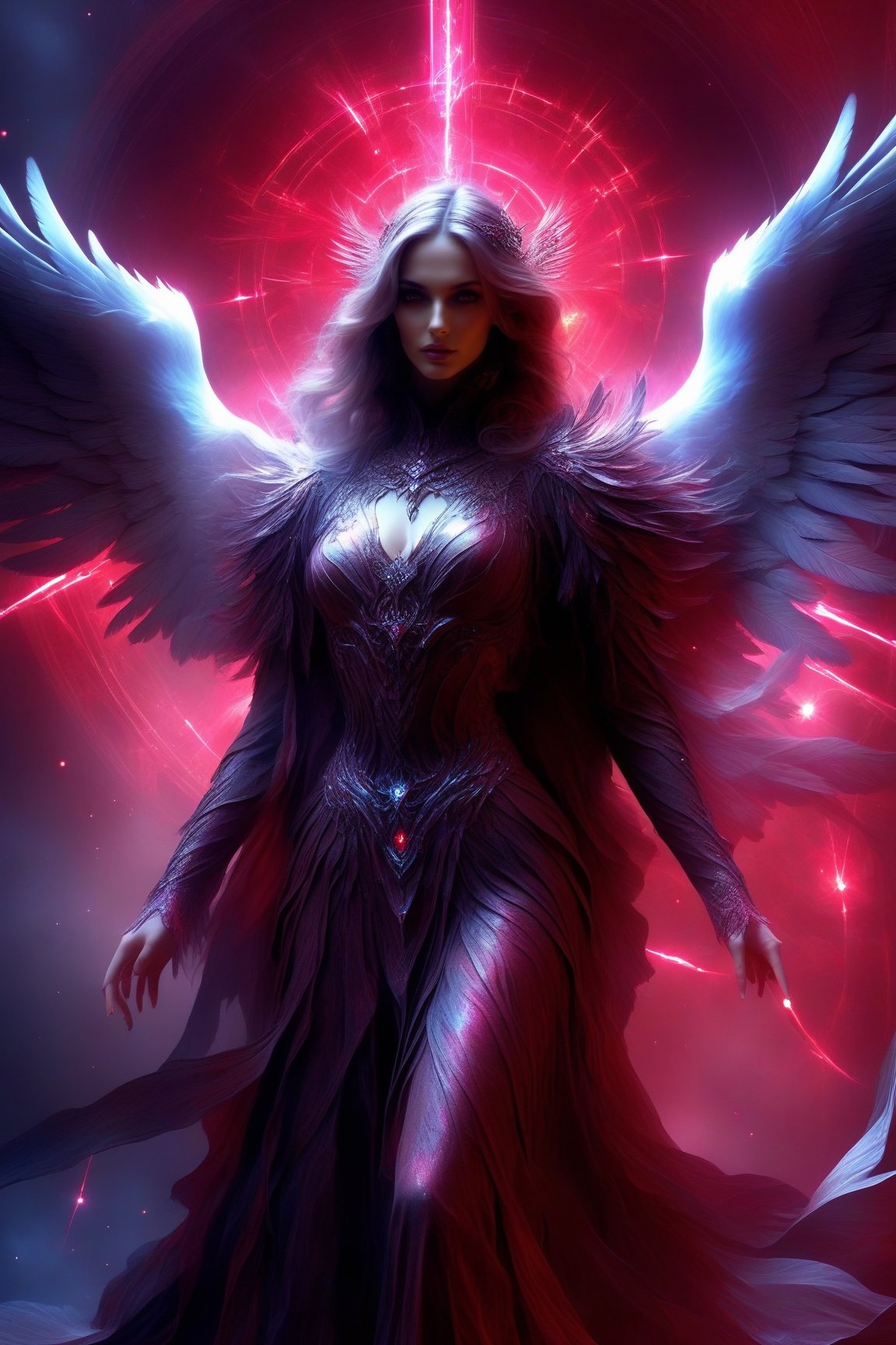 create fallen archangel,detailed angel wins, bloodlust, red glowy eyes, eerie, creepy, nightmarish, very bright colors, light particles, wallpaper art, cosmic energy,high detailed,Decora_SWstyle