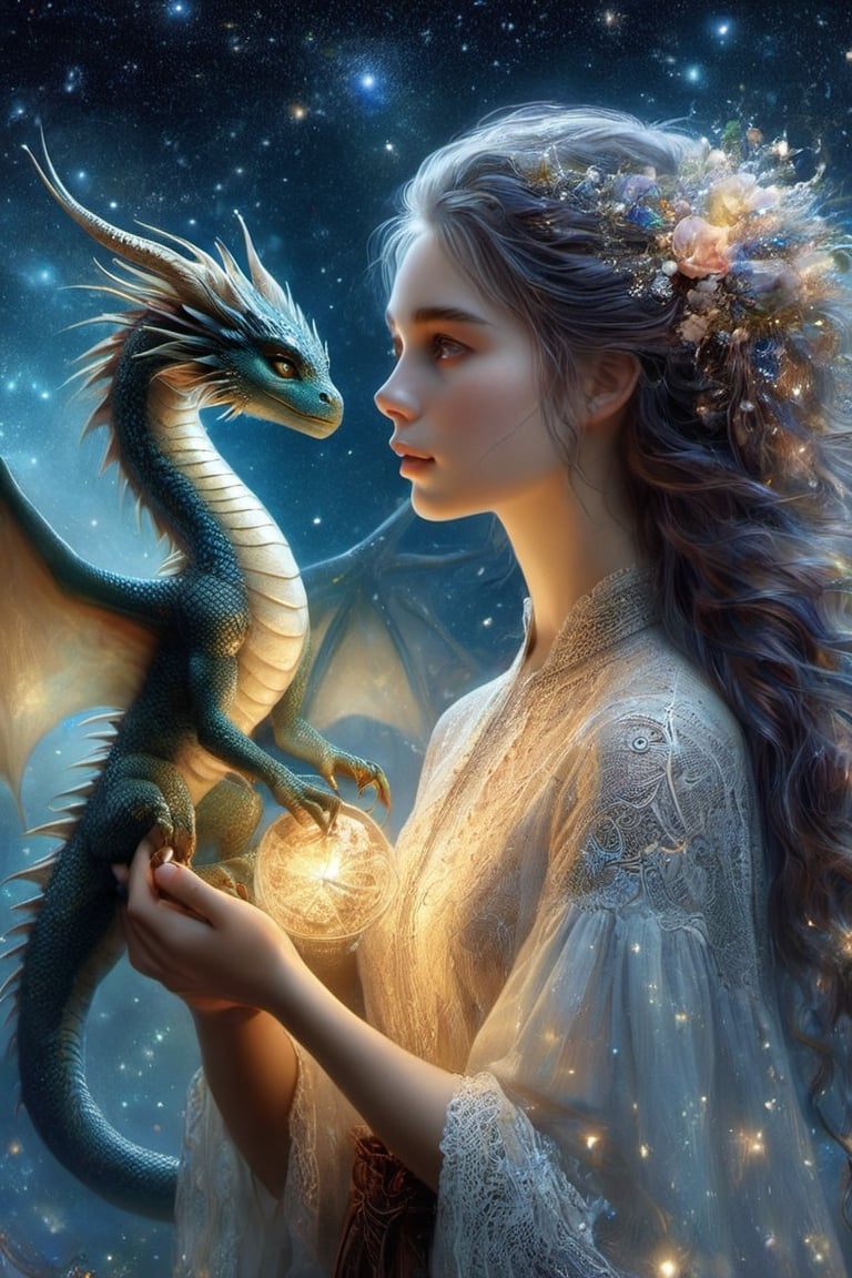 {{best quality}}, {{masterpiece}}, {{ultra-detailed}}, {illustration}, {detailed light}, {an extremely delicate and beautiful}, a girl holding a cute dragon, {beautiful detailed eyes}, stars in the eyes, messy floating hair, colored inner hair, Starry sky adorns hair, depth of field,PetDragon2024xl, ,ink 