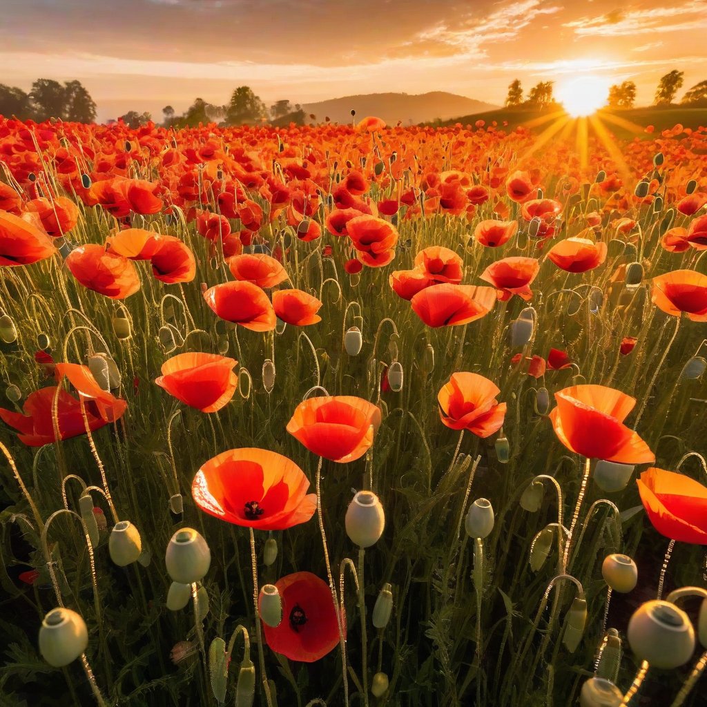 A mesmerizing macro photography displaying a field of translucent poppies constructed from clear plastic, beautifully captured during the golden hour. The delicate flowers, with their intricate details, glisten and shimmer in the warm, golden light, casting captivating shadows that lend depth to the scene. The background showcases a soft sunset hue, with rays of light piercing through the clouds, adding to the serene and whimsical atmosphere. This incredible image not only highlights the beauty of nature but also emphasizes the art of recycling and repurposing materials in a creative and stunning way., photo