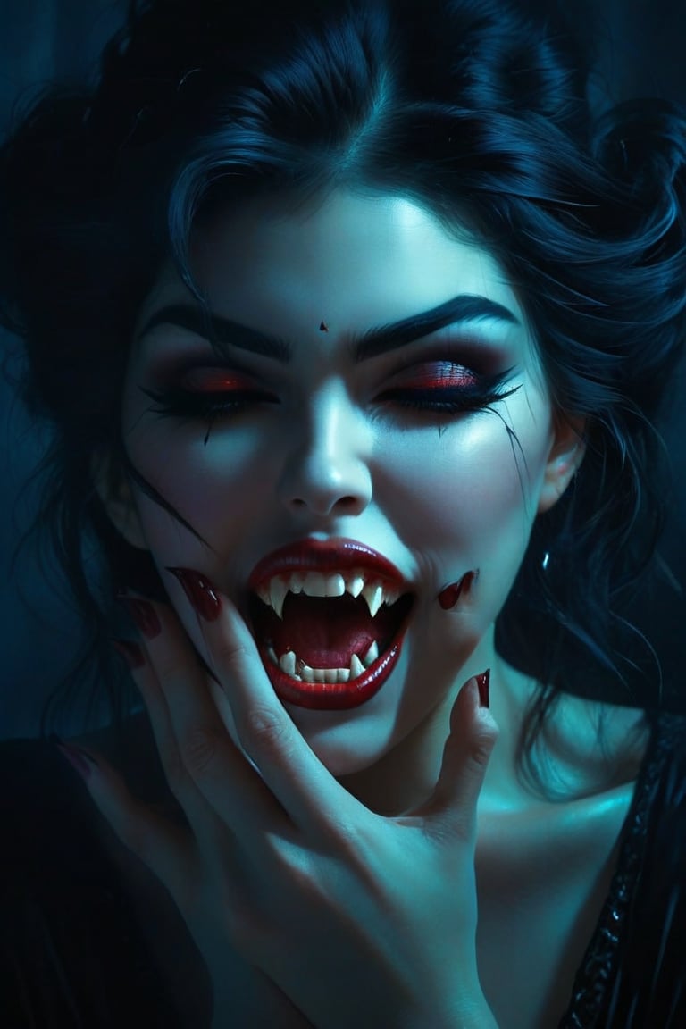 A hauntingly beautiful illustration of a vampirress stands with her hands held over her eyes, laughing maniacally as she reveals her fangs and teeth. The long shot captures the full extent of her menacing form against a dark, ominous backdrop. Soft natural light casts an eerie glow, accentuating the intricate details of her octane-rendered features. Her mouth opens wide in a wicked smile, surrounded by sparks that dance across the canvas like stars in a midnight sky. The composition is perfect, the focus sharp and cinematic, evoking the masterpieces of Caravaggio and Raphael. The photorealistic concept art is reminiscent of IrinaKapi's work, with its mix of dark, gothic beauty and eerie atmosphere.