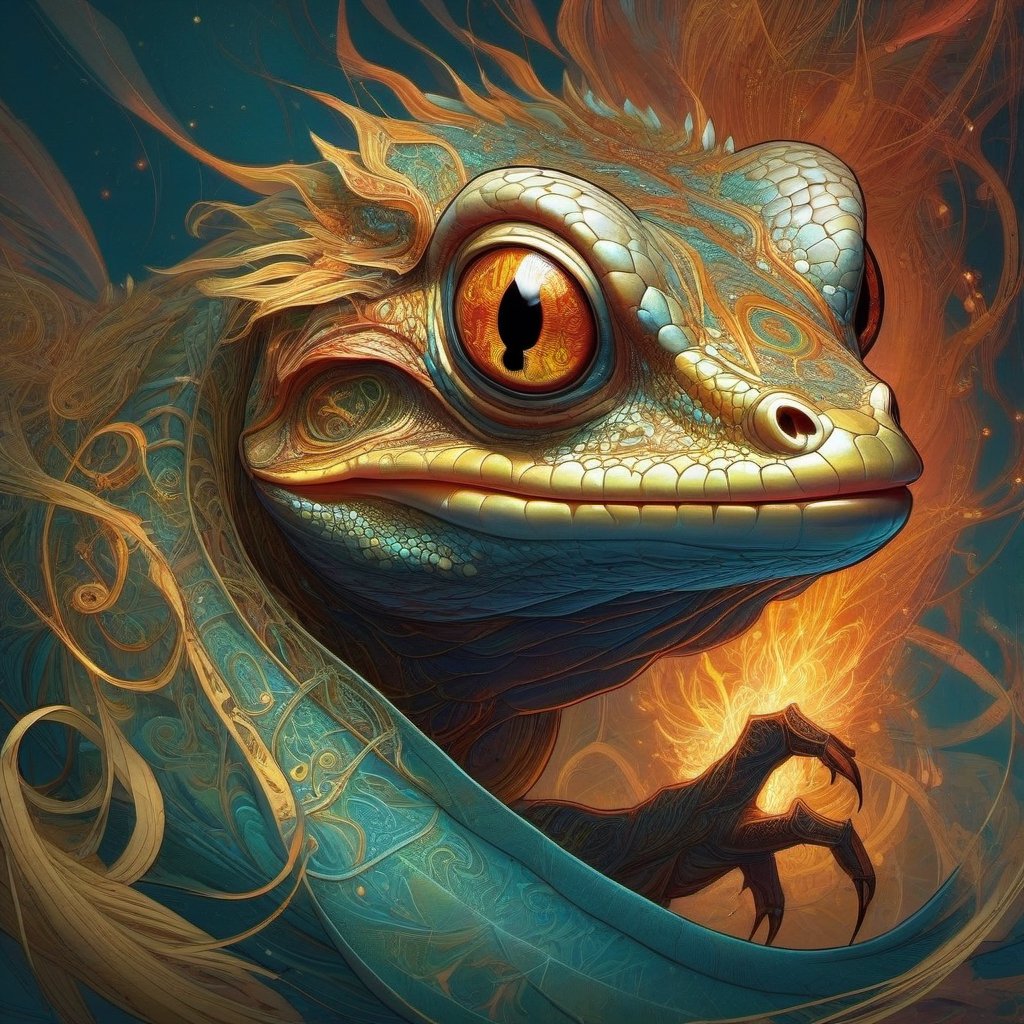 portrait of a flaming gecko, golden outlines, flaming aura, highly detailed, intricate motifs, organic tracery, perfect composition, digital painting, artstation, concept art, smooth, sharp focus, illustration, Carne Griffiths, pixar, Victo ngai, Jean Baptiste Monge,Decora_SWstyle