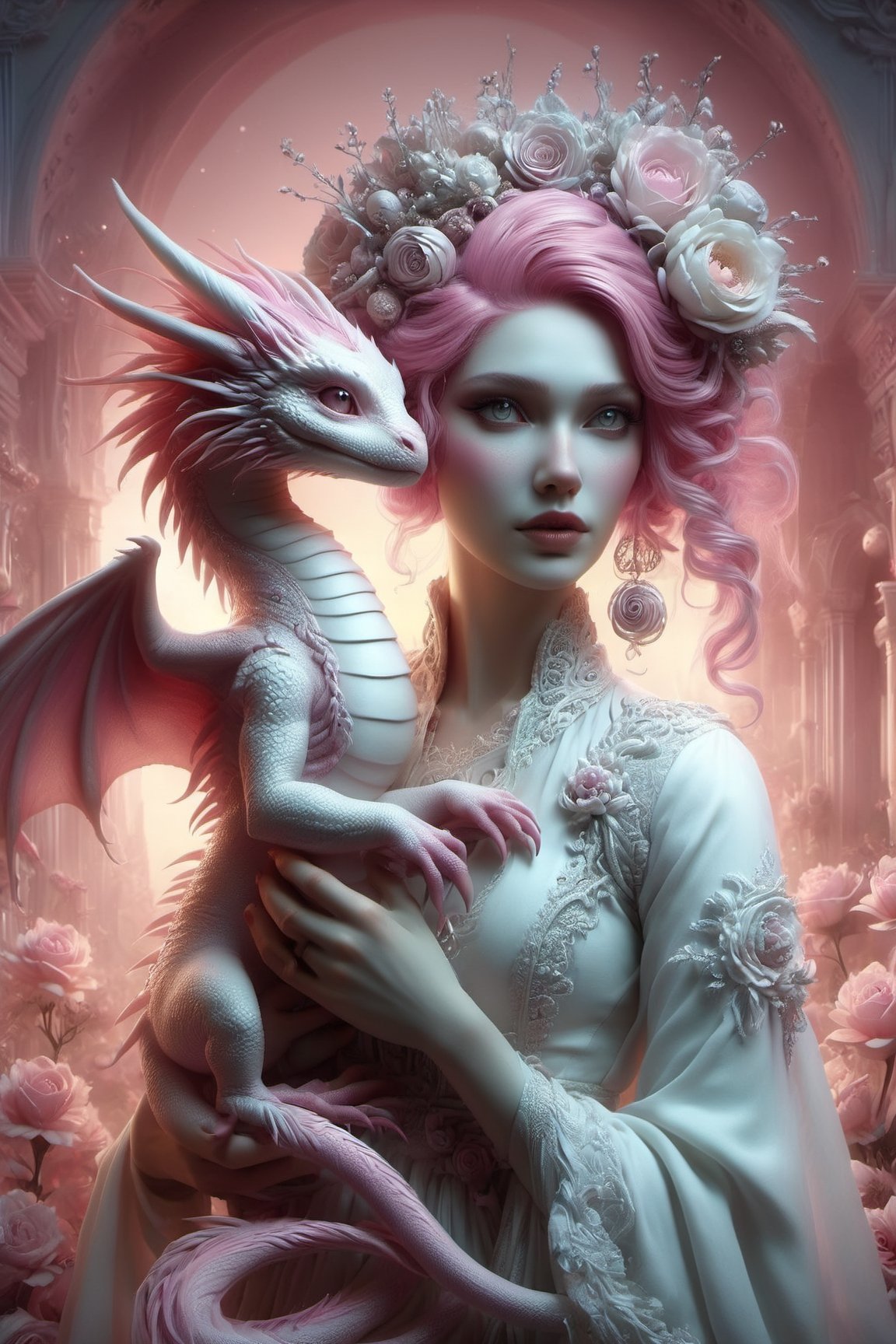 Porcelain woman with, pink hair with braids, lots of flowers on her head, white skin with heavy makeup extremely ghostly white, holding a young baby dragon cradled in her arms, pale psychedelic background, soft, dreamlike, surrealism, intricate details, 3D rendering, octane rendering. Nicoletta Ceccoli style. Decora_SWstyle,PetDragon2024xl