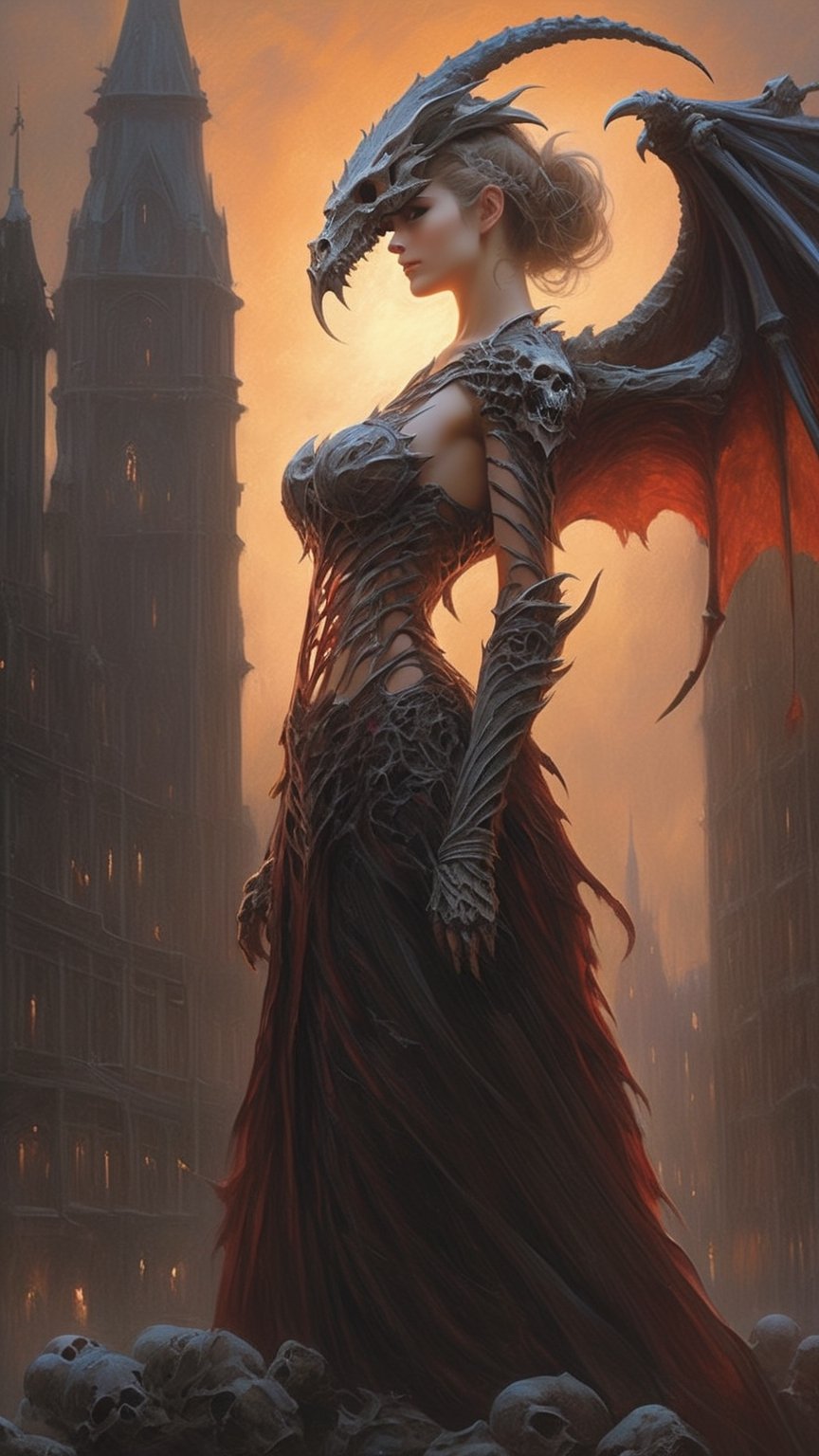 "Dark romance fantasy, a woman wearing dragon bone armor standing above a city, an army looking up at her, embers", bones, ribcage style armor, eldritch, dracolich-like armor, Masterpiece, Intricate, Insanely Detailed, Art by lois van baarle, todd lockwood, chris rallis, anna dittmann, Kim Jung Gi, Gregory Crewdson, Yoji Shinkawa, Guy Denning, Textured!!!!, Chiaroscuro!!, actionpainting, best quality, masterpiece,DracolichXL24,art_booster,LegendDarkFantasy,ellafreya,renny the insta girl,real_booster