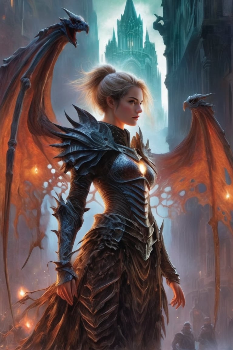 "Dark romance fantasy, a woman wearing dragon bone armor standing above a city, an army looking up at her, embers", bones, ribcage style armor, eldritch, dracolich-like armor, Masterpiece, Intricate, Insanely Detailed, Art by lois van baarle, todd lockwood, chris rallis, anna dittmann, Kim Jung Gi, Gregory Crewdson, Yoji Shinkawa, Guy Denning, Textured!!!!, Chiaroscuro!!, actionpainting, best quality, masterpiece,DracolichXL24,art_booster,LegendDarkFantasy,ellafreya,renny the insta girl,real_booster