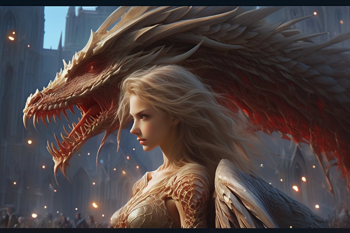 "Dark romance fantasy, close up of a woman with sword wearing dragon bone armor standing above a city, an army looking up at her, embers", bones, ribcage style armor, eldritch, dracolich-like armor, wavy golden dark blonde hair, Masterpiece, Intricate, Insanely Detailed, Art by lois van baarle, todd lockwood, chris rallis, anna dittmann, Kim Jung Gi, Gregory Crewdson, Yoji Shinkawa, Guy Denning, smooth, natural Chiaroscuro, subsurface scattering vfx, actionpainting, best quality, smooth finish, masterpiece,DracolichXL24,art_booster,LegendDarkFantasy,ellafreya,renny the insta girl,real_booster,oil paint 