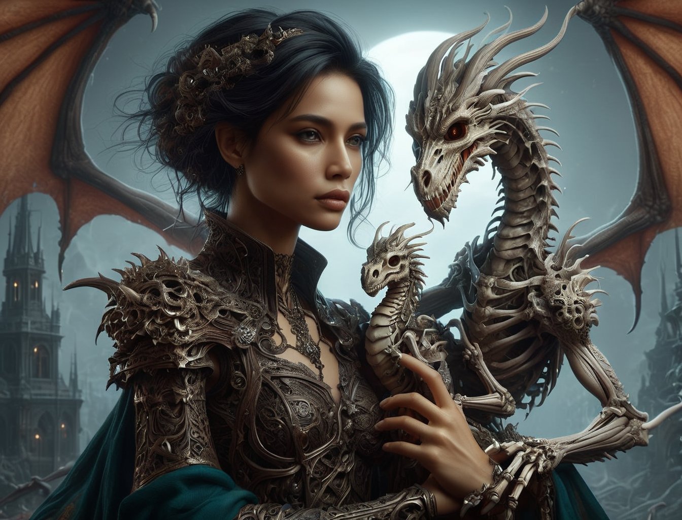 dark fantasy woman and a small skeleton dragon, digital illustration, UHD, a complex and intricate masterpiece clean and sharp,PetDragon2024xl,DracolichXL24