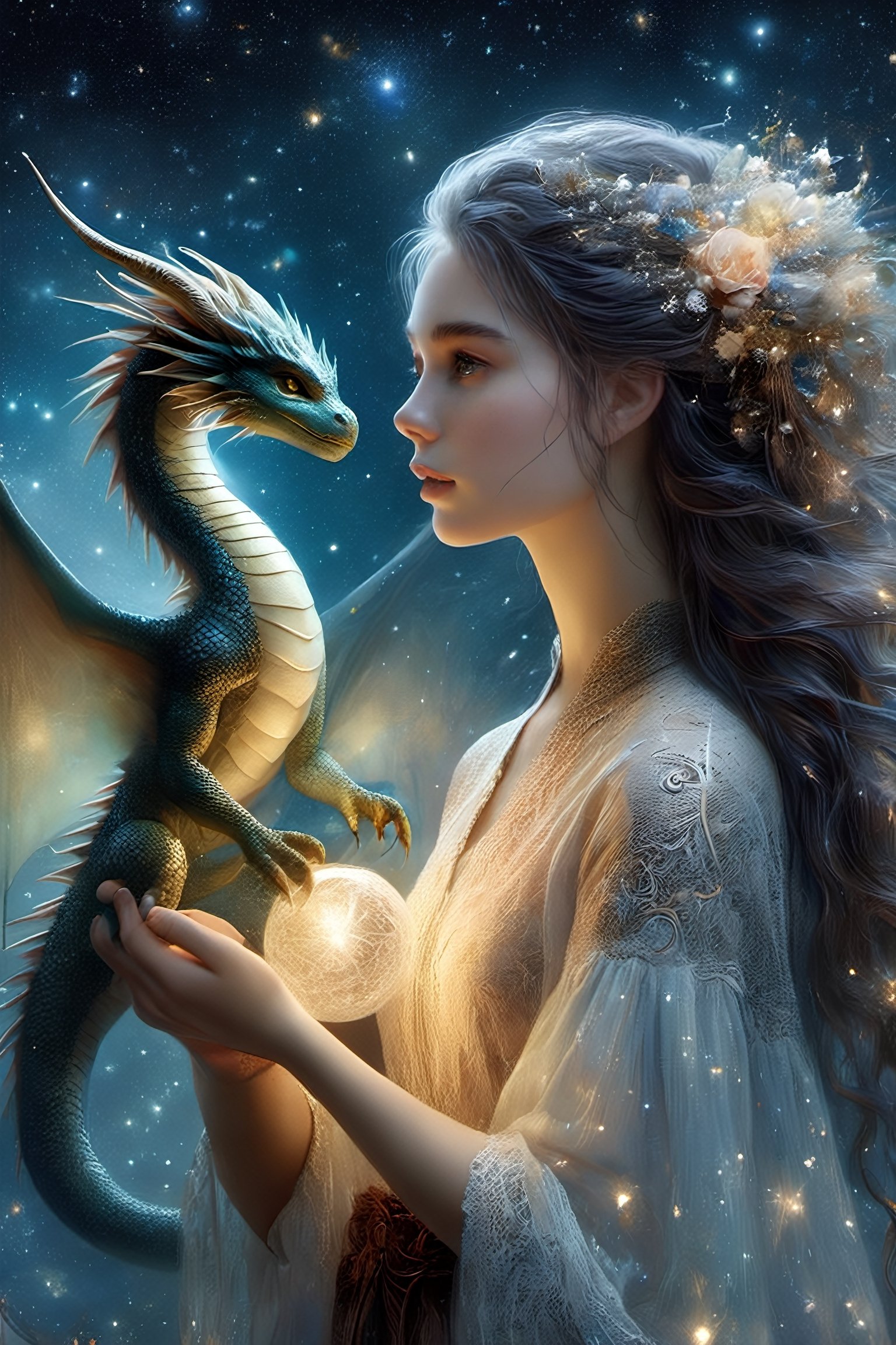 {{best quality}}, {{masterpiece}}, {{ultra-detailed}}, {illustration}, {detailed light}, {an extremely delicate and beautiful}, a girl holding a cute dragon, {beautiful detailed eyes}, stars in the eyes, messy floating hair, colored inner hair, Starry sky adorns hair, depth of field,PetDragon2024xl, ,ink 