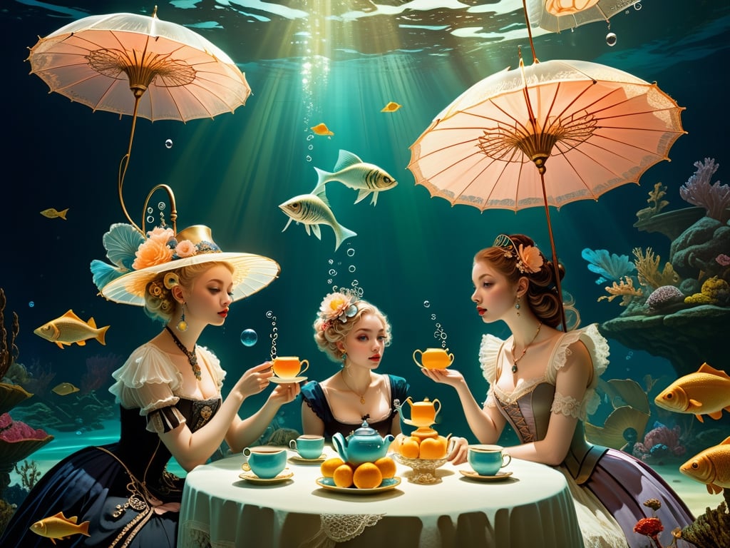 "Whimsical Tea party underwater while holding lacy parasols, group scene, art by Gil elvgren & James jean & bill sienkiewicz, Rembrandt, imaginative, dreamcore, high contrast, sharp focus, depth of field, detailed background, surreal fish, epic fantasy concept art, bubbles, luminous, hdr" ||
"detailed matte painting, deep color, fantastical, intricate detail, splash screen, complementary colors, fantasy concept art, 8k resolution trending on Artstation Unreal Engine 5",detailmaster2,more detail XL